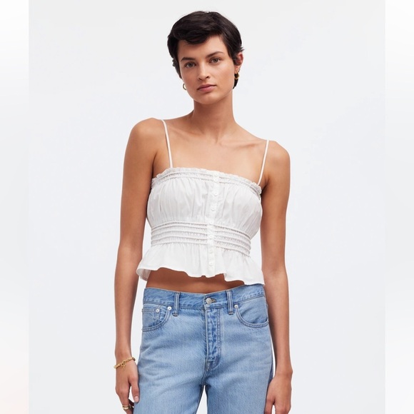 Madewell white Smocked Button-Front Top in Poplin size L new - Picture 1 of 9